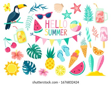 Collection of cute summer elements, icons isolated on white background: tropical leaves and birds, drinks and ice cream. Summer season poster, beach holiday.