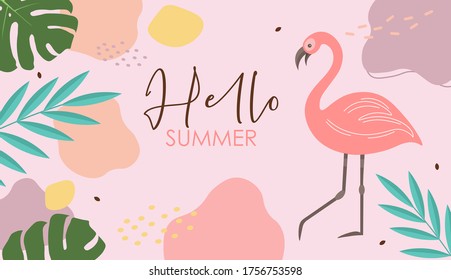 Colección de adorables elementos de verano, banner tropical, flamingo, formas abstractas, objetos de hojas tropicales, vectores de tarjetas de temporada de verano, venta tarjeta gráfica