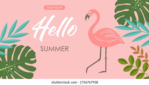 Collection of cute summer elements, tropical banner, flamingo,abstract shapes, tropical leaves objects, summer season card vector, sale graphic card