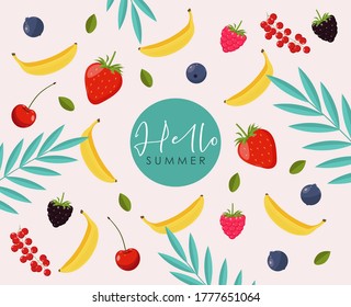 Collection of cute summer elements, tropical banner, berry, banana, strawberry, tropical leaves objects, summer season card vector