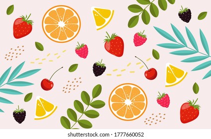 Collection of cute summer elements, tropical banner, berry, banana, strawberry, orange, tropical leaves objects, summer season pattern vector