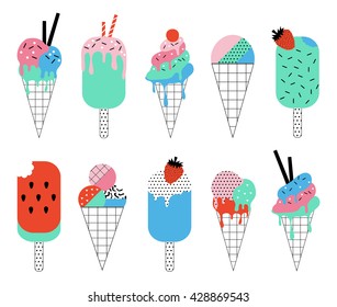 Collection of cute Summer ice creams. Summer fun poster. Vector illustration.