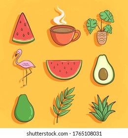 collection of cute summer icons with flamingo, avocado and watermelon