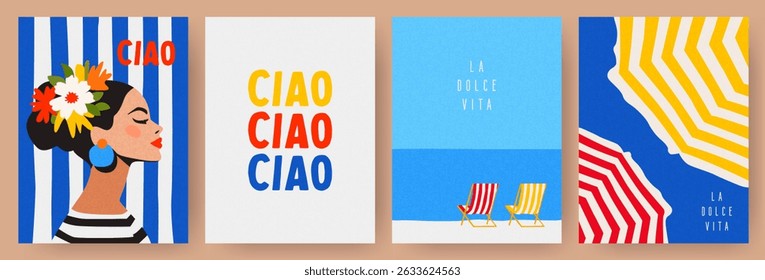 Collection of cute summer posters, cards templates with portrait of a beautiful woman, beach chairs on the seashore and umbrellas against the sky. Trendy summer design for branding, ads, print, decor