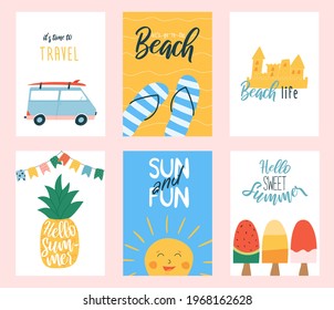 Collection of cute summer posters or greeting cards. Set of postcards with surfers car, flip flops, sand castle, pineapple, sun and ice cream.