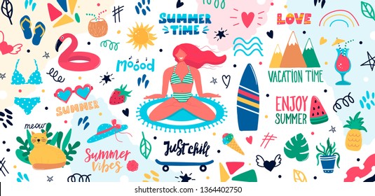 Collection of cute summer time elements with woman in swimsuit, handwritten lettering slogans, decoration design, fruits plants cat, surfboard. Trendy vector illustration in flat cartoon doodle style