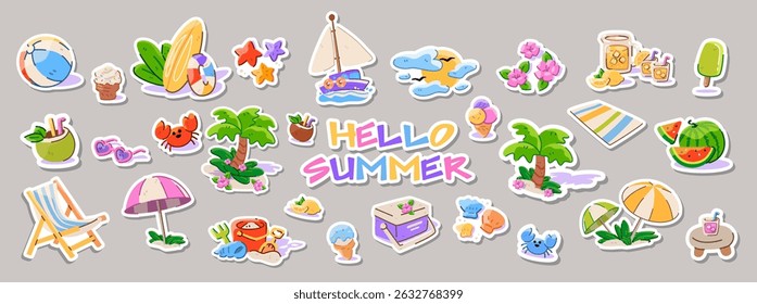 Collection of cute summer vacation stickers. Big set of tropical beach vector icons