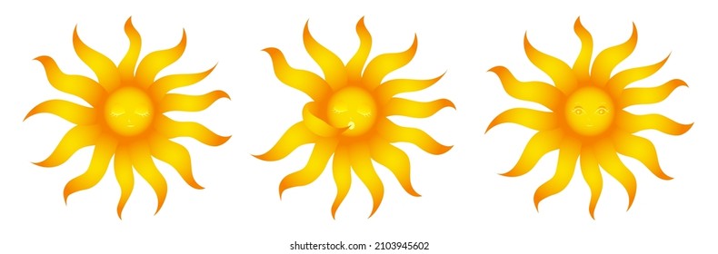 Collection of cute sun waking up from sleep! The sun in three posture, asleep, yawning, awake isolated on white background.