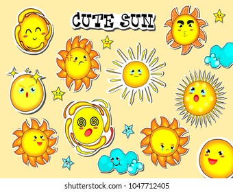 Collection of cute sun,cartoon style,summer time,vector.