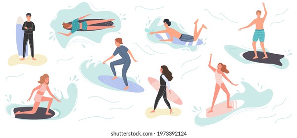 Collection of cute surfing people in swimwear surfing. Surfers with surfing board on summer beach and sea wave. Vector illustration summer time vacation chill out