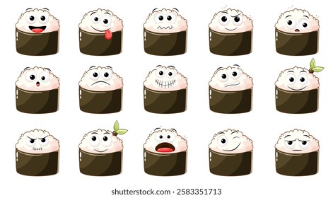 Collection of cute sushi and rolls in kawaii style with different mood. Set of cartoon sushi emoji faces in different expressions - happy, sad, cry, fear, crazy. Vector illustration EPS8 