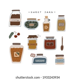 Collection of cute sweet jars with homemade jams, honey, maple syrup. Kiwi, orange, lemon, strawberry, blueberry, cherry jams. Hand drawn cartoon vector illustration. Vintage, retro doodle style. 