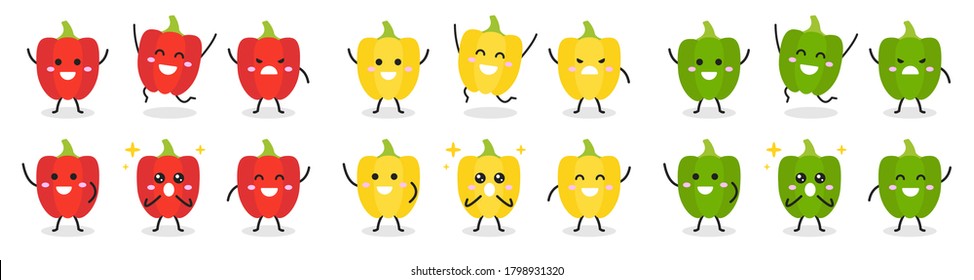 Collection of cute sweet pepper character in various poses isolated on white background. Funny vegetable cartoon. Flat vector graphic design illustration for infographic, kid book, and farm concept