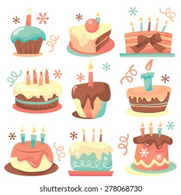 A collection of cute sweet retro birthday cakes vector illustration.