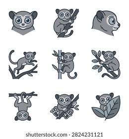 A collection of cute tarsier monkey illustrations in various poses and activities, perfect for educational or playful designs.