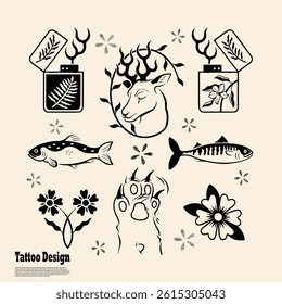 collection of cute tattoo designs, fish, cat hands, deer heads