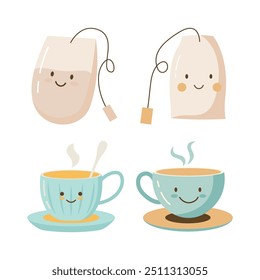 Collection of Cute Tea Bag Character with Hot Drink in Cup
