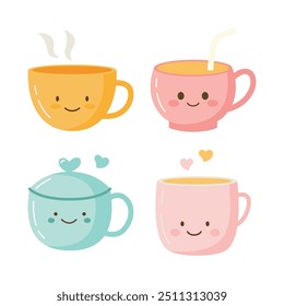 Coleção de Personagem de Bebida de Café de Chá Bonito em Caneca de Xícara de Pastel com Amor