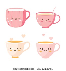 Collection of Cute Tea Coffee Drink Character in Pastel Cup Mug with Love