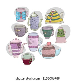 Collection of cute tea cups and tea pots in knitted sweaters. Vector EPS 10.