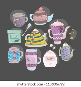 Collection of cute tea cups and tea pots in knitted sweaters. Vector EPS 10.