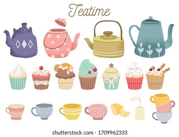 The collection of cute teatime set. The cute teapot and cupcake and tea cup and lemon and tea bag .The set of 
 teatime in flat vector style.