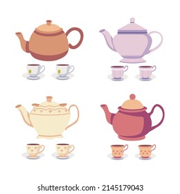 The collection of cute teatime set. The cute teapot, tea cup and tea bag .Set of teatime in flat. Vector illustration.
