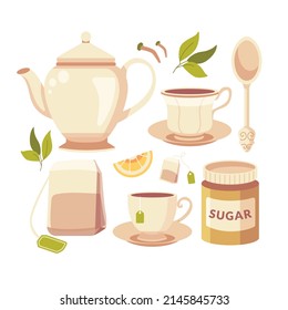 The collection of cute teatime set. The cute teapot, tea cup and tea bag .Set of teatime in flat. Vector illustration.