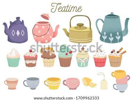 The collection of cute teatime set. The cute teapot and cupcake and tea cup and lemon and tea bag .The set of 
 teatime in flat vector style.