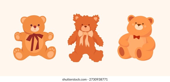 Collection of cute teddy bears with bow ties in warm pastel colours. Perfect for greeting cards, postcards, invitations, social media, stickers.