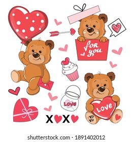 Collection of cute teddy bears on a white background isolated. Vector cartoon illustration. Funny animals stickers