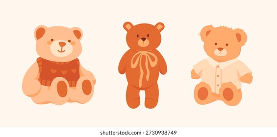 Coleção de ursinhos de pelúcia bonitos vestindo roupas e arcos em cores pastel quente. Perfeito para cartões comemorativos, cartões postais, convites, mídias sociais, adesivos.