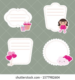 Collection of cute text frames with baby icons. Vector design templates with pink glitters for greeting gift cards, flyers, posters etc.