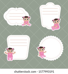 Collection of cute text frames with little baby girl. Vector design templates for greeting gift cards, flyers, posters etc.