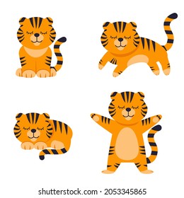Collection of cute tiger cartoon. Cute tiger vector collection. Animal wildlife cartoon character set. Happy New 2022 Year. Set of cute little tigers in kawaii style. Happy Chinese new year of tiger