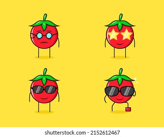 collection of cute tomato cartoon character with serious, smile and eyeglasses expressions. suitable for emoticon, logo, symbol and mascot