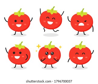 Collection of cute tomato character in various poses isolated on white background. Funny vegetable cartoon. Flat vector graphic design illustration for infographic, children book, and farm concept.