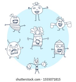 A collection of cute, toothy, naive, flat monsters. The characters are isolated on a light background, drawn in the style of children's Doodle