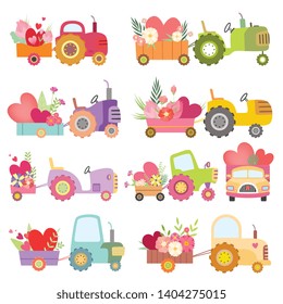 Collection of Cute Tractors with Carts Full of Flowers and Hearts, Colorful Agricultural Farm Transport Vector Illustration