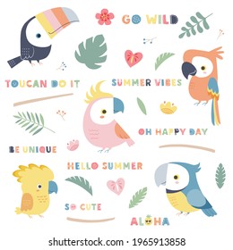 Colección de adorables pájaros tropicales y elementos de diseño. Un conjunto de ilustraciones hechas a mano de tocan, loros, follaje, flores y palabras positivas. 