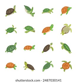 Collection of Cute Turtles Flat Icons 

