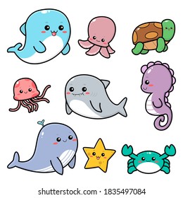 Collection cute underwater animal vectors such as dolphins  octopus  turtles  jellyfish  sharks  seahorses  whales  starfish    crabs