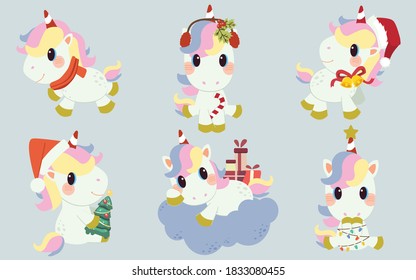 The collection of cute unicorn with christmas costume theme in flat vector style. 
Graphic resource for graphic,content , banner, sticker label and greeting card.