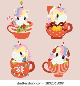 The collection of cute unicorn in the christmas cup in flat vector style. Graphic resource about christmas theme for graphic,content , banner, sticker label and greeting card.
