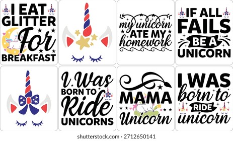 Kollektion von niedlichen Einhorn-Designs und Zitaten für Kindermode, Bekleidung und digitale Produkte.
