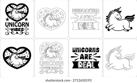 Colección de lindas ilustraciones de unicornio, incluyendo páginas para colorear y gráficos listos para usar para
