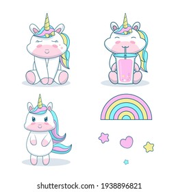 collection cute unicorn with rainbow isolated on white background