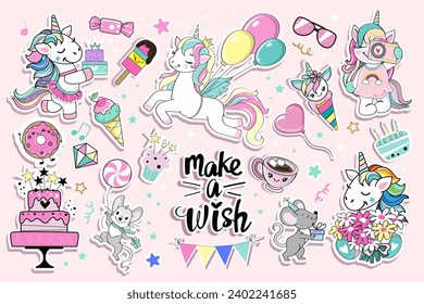 Collection of cute unicorns and mice for birthday. Vector illustration isolated. Design for t-shirt, room decoration