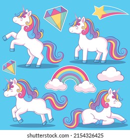 Collection of cute unicorns on blue background with rainbow, Fairy tale animal Vector