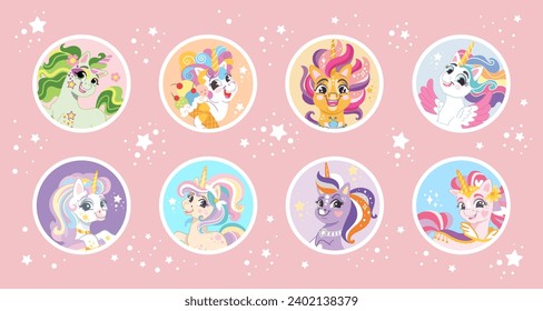 Colección de distintivos de formas redondeadas de unicornios bonitos en un fondo rosado. Ilustración vectorial al estilo de las caricaturas para prendas de vestir, telas, souvenirs para niños con motivos de impresión y decoración. Los adhesivos se empacan con unicornios mágicos